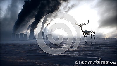 Ecology pollution concept. Dirty dark atmosphere. Deer skeleton. Ecological problem. Factory smoke. 3d rendering. Stock Photo