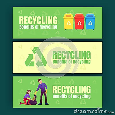 Ecology posters with trash bins, recycle sign Vector Illustration