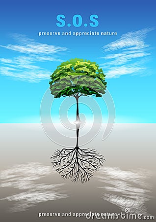 Ecology, Preserve and appreciate nature. Lonely green tree. Vector Illustration