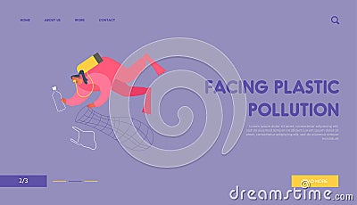 Ecology Problem Website Landing Page. Woman Diver Cleaning Ocean Bottom from Garbage Collecting Wastes into Basket Vector Illustration