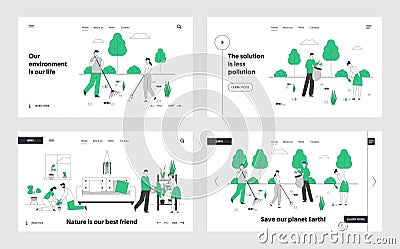 Ecology Protection Charity, Gardening Website Landing Page Set. Volunteers Cleaning Garbage, Collecting Trash to Sack Vector Illustration