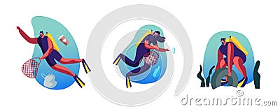 Ecology Protection Icons Set. Divers Collecting Trash into Basket Underwater. Plastic Pollution of Sea Vector Illustration