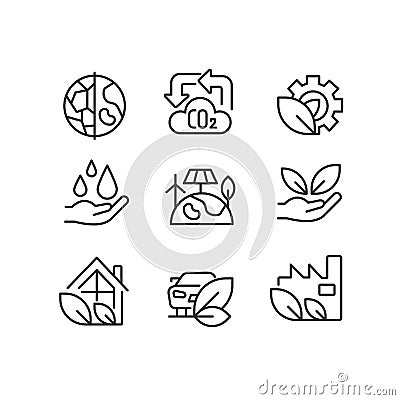 Ecology protection program pixel perfect linear icons set Vector Illustration