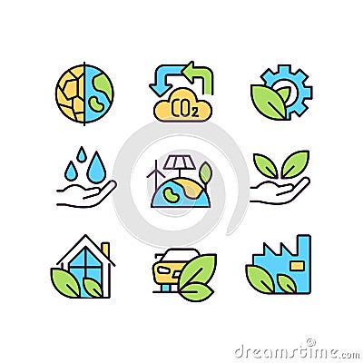 Ecology protection program pixel perfect RGB color icons set Vector Illustration