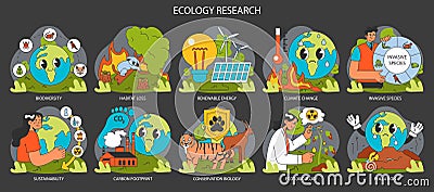 Ecology research night or dark mode set. Human influence, environmental Vector Illustration