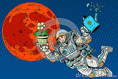 Ecology and science Mars astronaut plants irrigation Vector Illustration