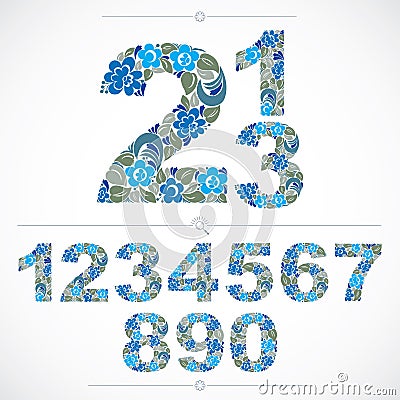 Ecology style flowery numbers, blue vector numeration made using Vector Illustration