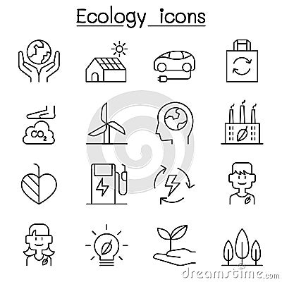 Ecology, Sustainable design, conservation, eco friendly design icon set in thin line style Vector Illustration