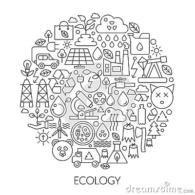 Ecology technology icons in circle - concept line infographic vector illustration for cover, emblem, badge. Outline icon Vector Illustration