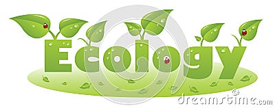 Ecology text caption with ladybug and green leaves Stock Photo