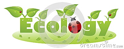 Ecology text caption with ladybug and green leaves Stock Photo