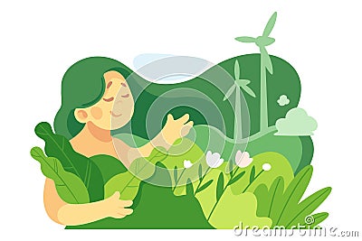 Ecology with Woman Character with Green Hair and Foliage as Sustainable Lifestyle Vector Illustration Vector Illustration