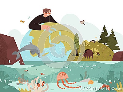 Ecologyst man protecting biodiversity of plants, birds, animals, marine life Vector Illustration