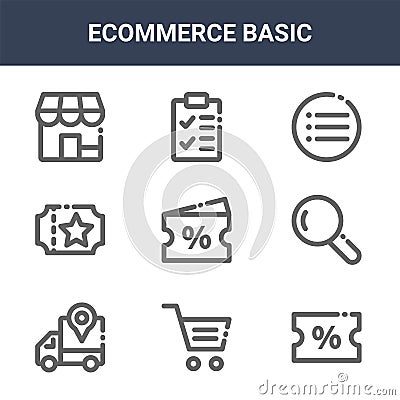 9 ecommerce basic icons pack. trendy ecommerce basic icons on white background. thin outline line icons such as discount, search, Vector Illustration