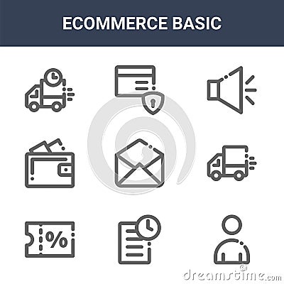 9 ecommerce basic icons pack. trendy ecommerce basic icons on white background. thin outline line icons such as user, fast Vector Illustration