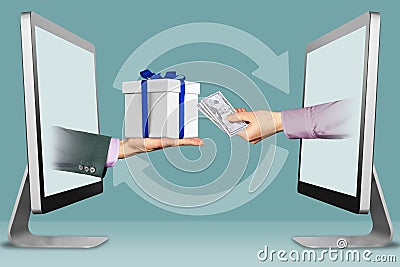 Ecommerce concept, two hands from laptops. hand with gift box and hand with cash money. 3d illustration Cartoon Illustration