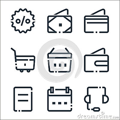 ecommerce line icons. linear set. quality vector line set such as customer service, calendar, receipt, wallet, basket, trolley Vector Illustration