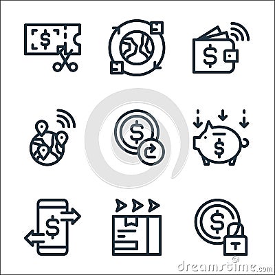 Ecommerce line icons. linear set. quality vector line set such as security, fast delivery, transaction, save money, refund, Vector Illustration
