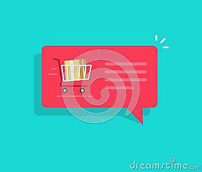Ecommerce order notification message vector illustration, flat bubble speech with full shopping cart and text, concept Vector Illustration