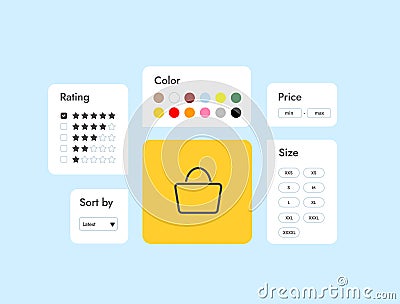 Ecommerce Product Filters - help customers sort offerings by attributes, easing search and boosting sales. Price, rating Vector Illustration