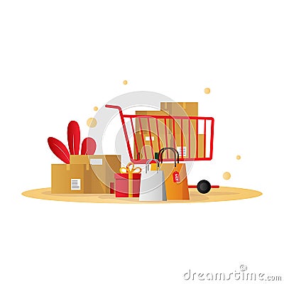 Supermarket shopping cart flat design full of boxes Vector Illustration