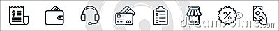 ecommerce shopping line icons. linear set. quality vector line set such as payment, discount, online shop, list, cit card, support Vector Illustration