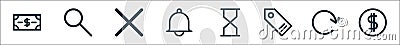 ecommerce starter pack line icons. linear set. quality vector line set such as coins, refresh, price tag, time, bell, wrong, Vector Illustration
