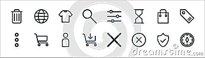 Ecommerce starter pack line icons. linear set. quality vector line set such as compass, wrong, add to cart, menu, shopping, shirt Vector Illustration