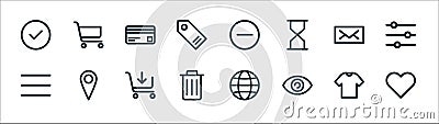 Ecommerce starter pack line icons. linear set. quality vector line set such as favorite, see, trash, menu, mail, card, minimize, Vector Illustration