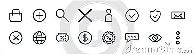 Ecommerce starter pack line icons. linear set. quality vector line set such as menu, message, coins, wrong, secure, search, Vector Illustration