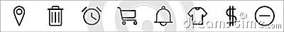 Ecommerce starter pack line icons. linear set. quality vector line set such as minimize, dollar, shirt, bell, cart, timer, trash Vector Illustration