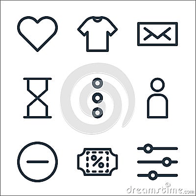 Ecommerce starter pack line icons. linear set. quality vector line set such as sliders, discount, minimize, account, menu, time, Vector Illustration