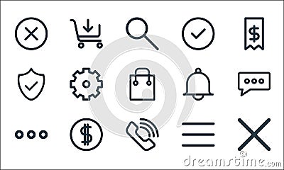ecommerce starter pack line icons. linear set. quality vector line set such as wrong, phone call, toolbar, menu, coins, secure, Vector Illustration