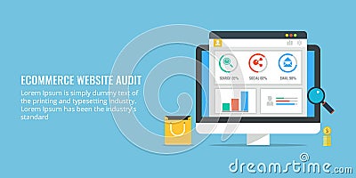 Ecommerce website audit - data analysis for marketing. Flat design ecommerce banner. Vector Illustration