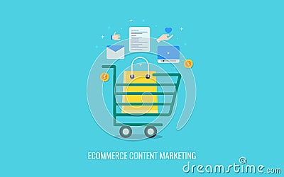 Content creation, publication, marketing for ecommerce website. Flat design vector banner. Vector Illustration