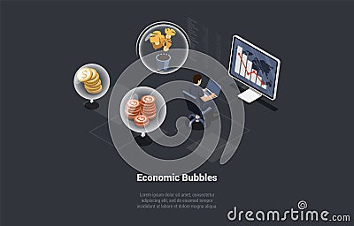 Economic Bubbles, Startup, Ponzi Scheme, Financial Pyramid, Venture, High-risk investments. Male Character Making Risk Stock Photo