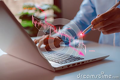 Economic collapse. Businessman using laptop with downward arrow, crisis chats, debt, recession, market collapse, financial Stock Photo