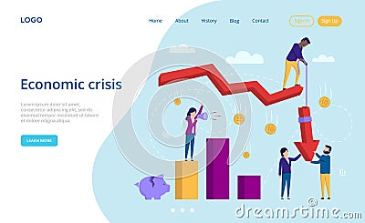 Economic Crisis, Business And Finance Concept. Cartoon Characters Standing Near The Infographics Scale With Loudspeaker Vector Illustration