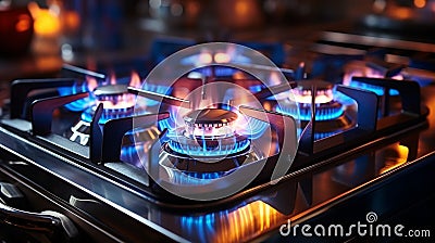 Kitchen gas stove burner with blue flame transparent. AI Generated Stock Photo