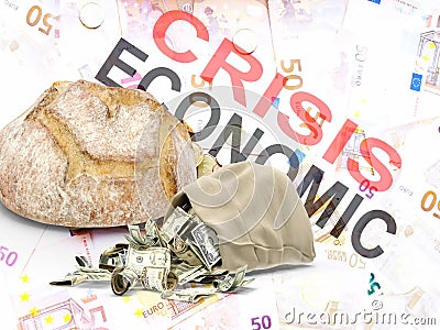 Economic crisis save money bread bag with money euro dollar inflation Stock Photo