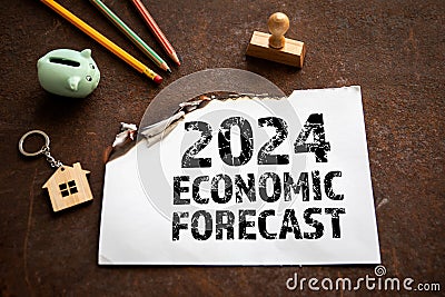 2024 Economic Forecast Concept. Sheet of paper with text on a rusty metal background Stock Photo