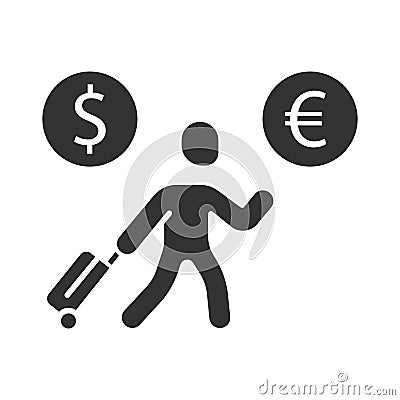 Economic migrant glyph icon. Person searching new home. Business immigrant. Refugee with luggage. Travelling abroad Vector Illustration