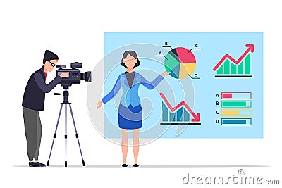 Economic news. People record reportage. TV presenter in studio. Woman shows infographics and diagrams. Man filming Vector Illustration