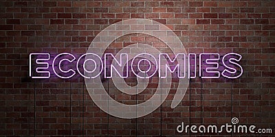 ECONOMIES - fluorescent Neon tube Sign on brickwork - Front view - 3D rendered royalty free stock picture Stock Photo