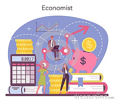 Economist concept. Professional scientist studying economics and money Vector Illustration