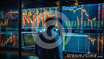 economist looks at monitors with a graph. Generative AI Stock Photo