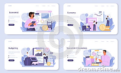 Economist web banner or landing page set. Professional scientist studying Cartoon Illustration