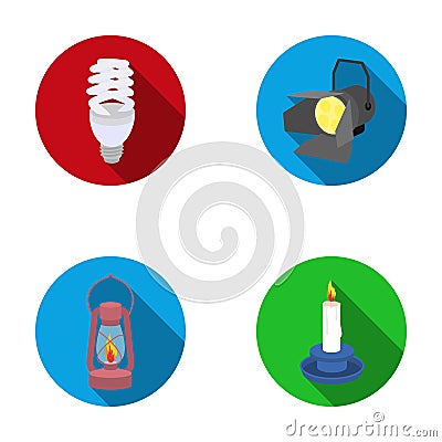 Economy lamp, searchlight, kerosene lamp, candle.Light source set collection icons in flat style vector symbol stock Vector Illustration