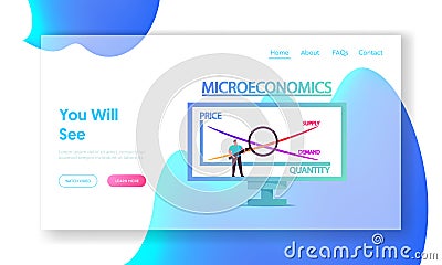 Economy Studying Landing Page Template. Tiny Male Character Stand with Magnifying Glass at Huge Computer Vector Illustration