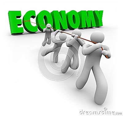 Economy Word Pulled by Customers Workers Improve Financial Growth Stock Photo